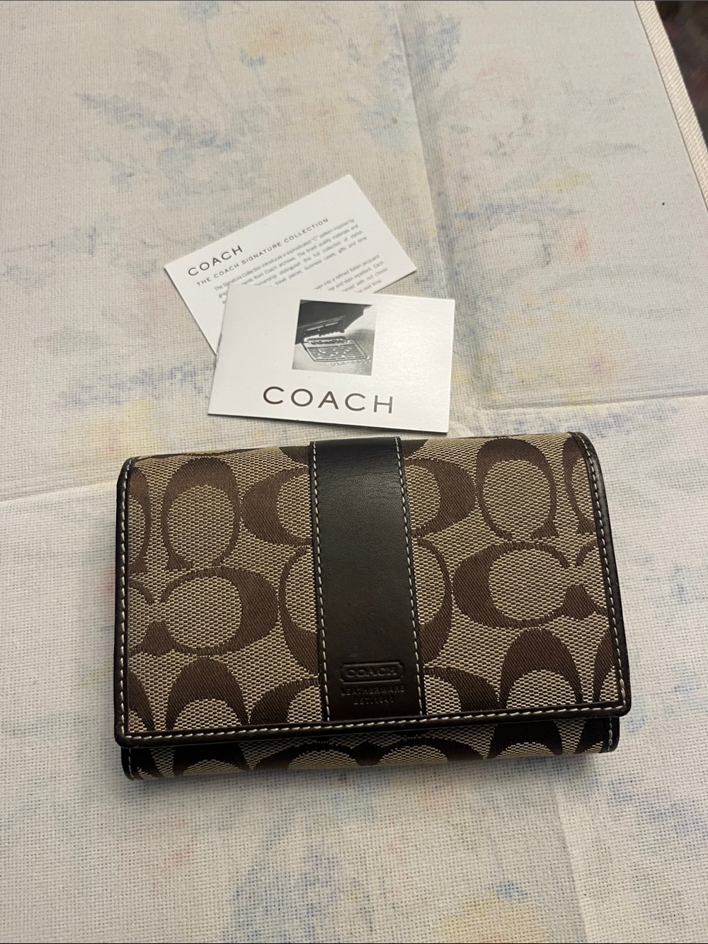 Coach Brown Signature Canvas Trifold Wallet with Dark Brown Leather Trim